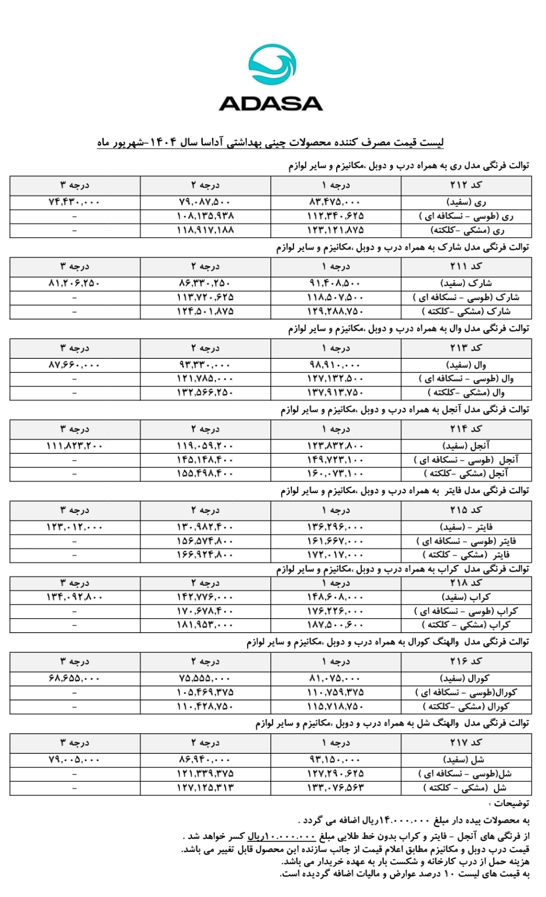 لیست قیمت محصولات آداسا
